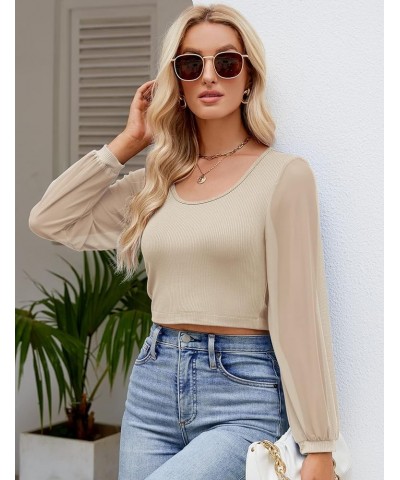 Womens Petite Tops Casual Mesh Long Sleeve Crop Tops Rib-Knit Solid Basic Tees Apricot $12.86 T-Shirts