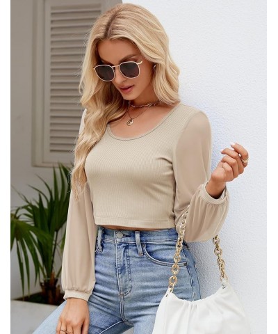 Womens Petite Tops Casual Mesh Long Sleeve Crop Tops Rib-Knit Solid Basic Tees Apricot $12.86 T-Shirts