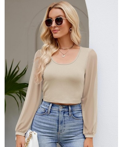 Womens Petite Tops Casual Mesh Long Sleeve Crop Tops Rib-Knit Solid Basic Tees Apricot $12.86 T-Shirts