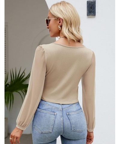 Womens Petite Tops Casual Mesh Long Sleeve Crop Tops Rib-Knit Solid Basic Tees Apricot $12.86 T-Shirts