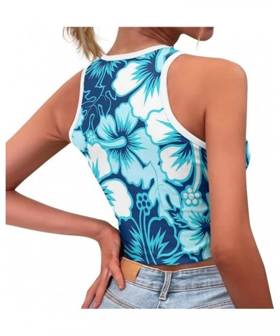 Crop Tops for Women Tank Tops Basic Style Sleeveless Racerback Halter Neck Fitted Tops Blue Hibiscus $10.43 Tops