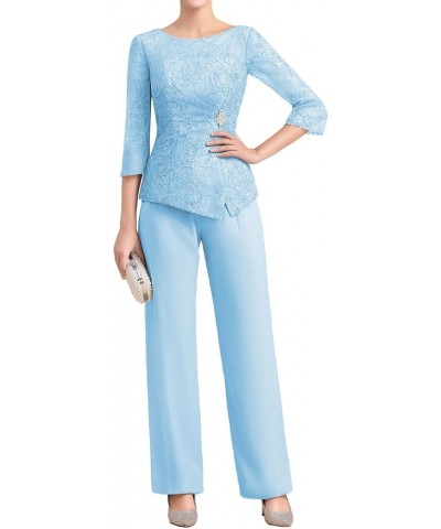 Mother of The Bride Pant Suits Chiffon Lace Outfit Sets for Wedding Guest Sequin Sky Blue $41.35 Suits