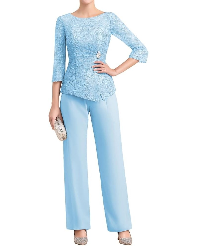 Mother of The Bride Pant Suits Chiffon Lace Outfit Sets for Wedding Guest Sequin Sky Blue $41.35 Suits