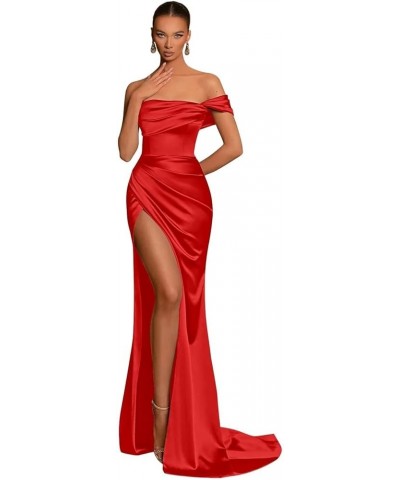 One Shoulder Bridesmaid Dresses 2024 Mermaid Satin Prom Dresses Pleated Formal Evening Gowns with Slit UU41 Red $22.88 Dresses