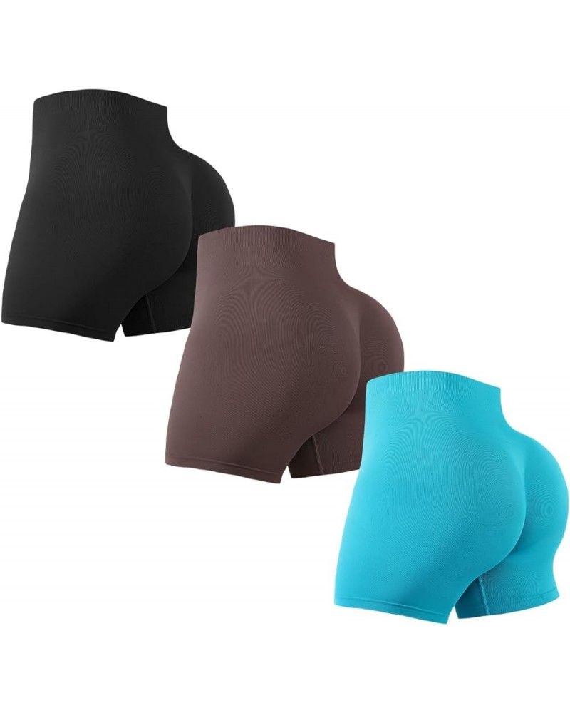 3 Piece Workout Shorts Womens Seamless High Waisted Scrunch Butt Athletic Gym Yoga Biker Shorts S-XL Black/Brown/Turquoise $2...