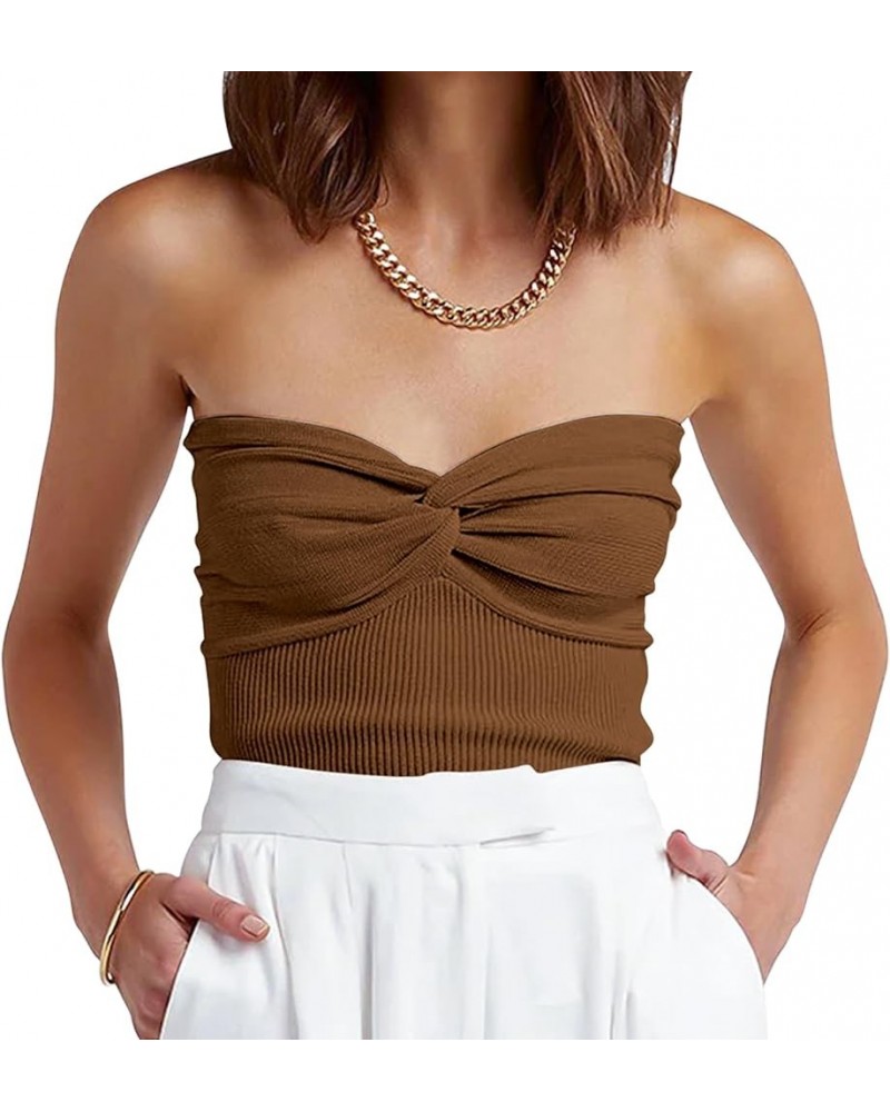 Women's Strapless Tube Tops Sexy Ribbed Knit Twist Knot Front Bandeau Sleeveless Y2K Corset Crop Tank Top Caramel $11.99 Tanks