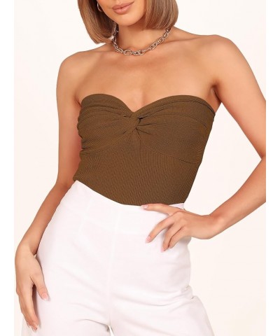 Women's Strapless Tube Tops Sexy Ribbed Knit Twist Knot Front Bandeau Sleeveless Y2K Corset Crop Tank Top Caramel $11.99 Tanks