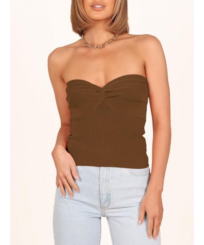 Women's Strapless Tube Tops Sexy Ribbed Knit Twist Knot Front Bandeau Sleeveless Y2K Corset Crop Tank Top Caramel $11.99 Tanks