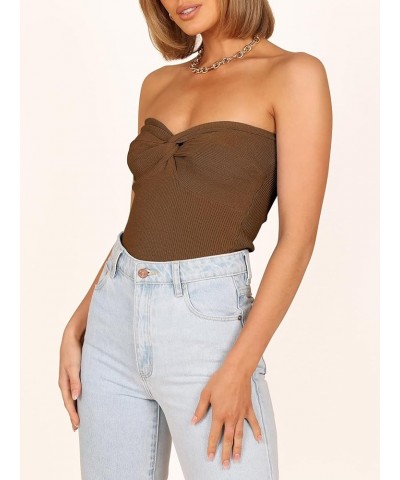 Women's Strapless Tube Tops Sexy Ribbed Knit Twist Knot Front Bandeau Sleeveless Y2K Corset Crop Tank Top Caramel $11.99 Tanks