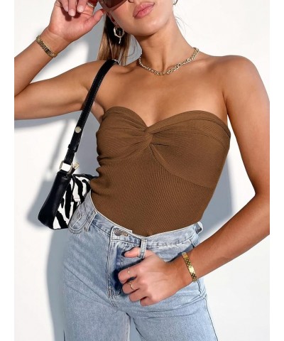 Women's Strapless Tube Tops Sexy Ribbed Knit Twist Knot Front Bandeau Sleeveless Y2K Corset Crop Tank Top Caramel $11.99 Tanks