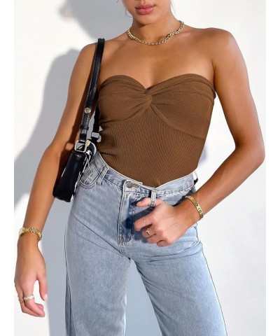 Women's Strapless Tube Tops Sexy Ribbed Knit Twist Knot Front Bandeau Sleeveless Y2K Corset Crop Tank Top Caramel $11.99 Tanks