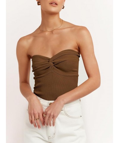 Women's Strapless Tube Tops Sexy Ribbed Knit Twist Knot Front Bandeau Sleeveless Y2K Corset Crop Tank Top Caramel $11.99 Tanks