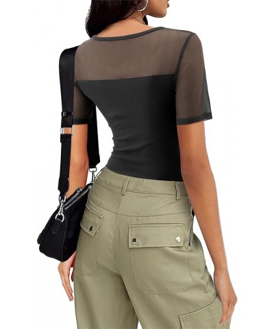 Womens Summer Shirts Mesh Sheer Short Sleeve Blouse Slim Fitted Crew Neck Tops Black $11.07 Blouses