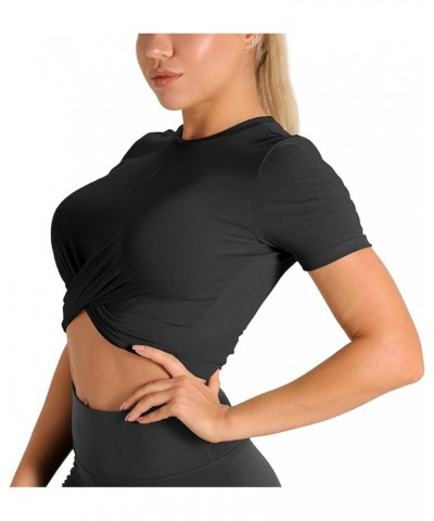 Workout Crop Tops for Women, Twist Front Yoga Athletic Short Sleeves, Gym Running T-Shirts, Exercise Tee Shirt Black $9.87 Ac...