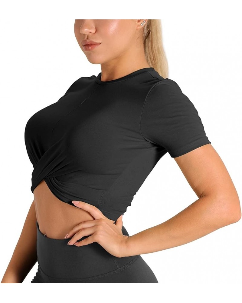 Workout Crop Tops for Women, Twist Front Yoga Athletic Short Sleeves, Gym Running T-Shirts, Exercise Tee Shirt Black $9.87 Ac...