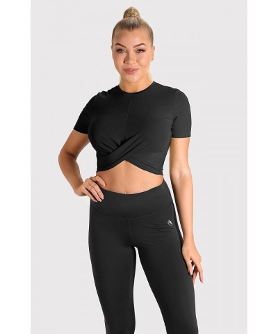 Workout Crop Tops for Women, Twist Front Yoga Athletic Short Sleeves, Gym Running T-Shirts, Exercise Tee Shirt Black $9.87 Ac...