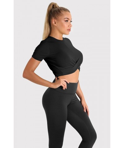 Workout Crop Tops for Women, Twist Front Yoga Athletic Short Sleeves, Gym Running T-Shirts, Exercise Tee Shirt Black $9.87 Ac...