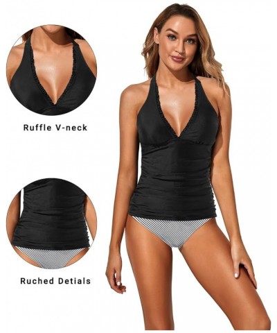 Women's Two Piece Tankini Bathing Suits Tummy Control Halter Swimsuits Ruffle V Neck Tankini Top with Bikini Bottoms Black St...