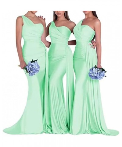 One Shoulder Mermaid Bridesmaid Dresses for Wedding Bodycon Satin Long Formal Evening Gowns with Train Mint $30.59 Dresses