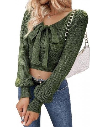 Women's Long Sleeve Bow Tie Front V Neck Sweater Casual Solid Pullover Crop Tops Army Green $20.50 Sweaters