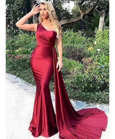 One Shoulder Mermaid Bridesmaid Dresses for Wedding Bodycon Satin Long Formal Evening Gowns with Train Mint $30.59 Dresses