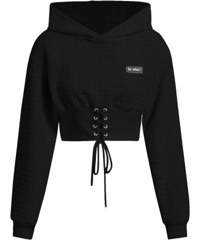 Women's Graphic Letter Crew Neck Hoodie Long Sleeve Lace Up Crop Hooded Sweatshirt Black $10.32 Hoodies & Sweatshirts