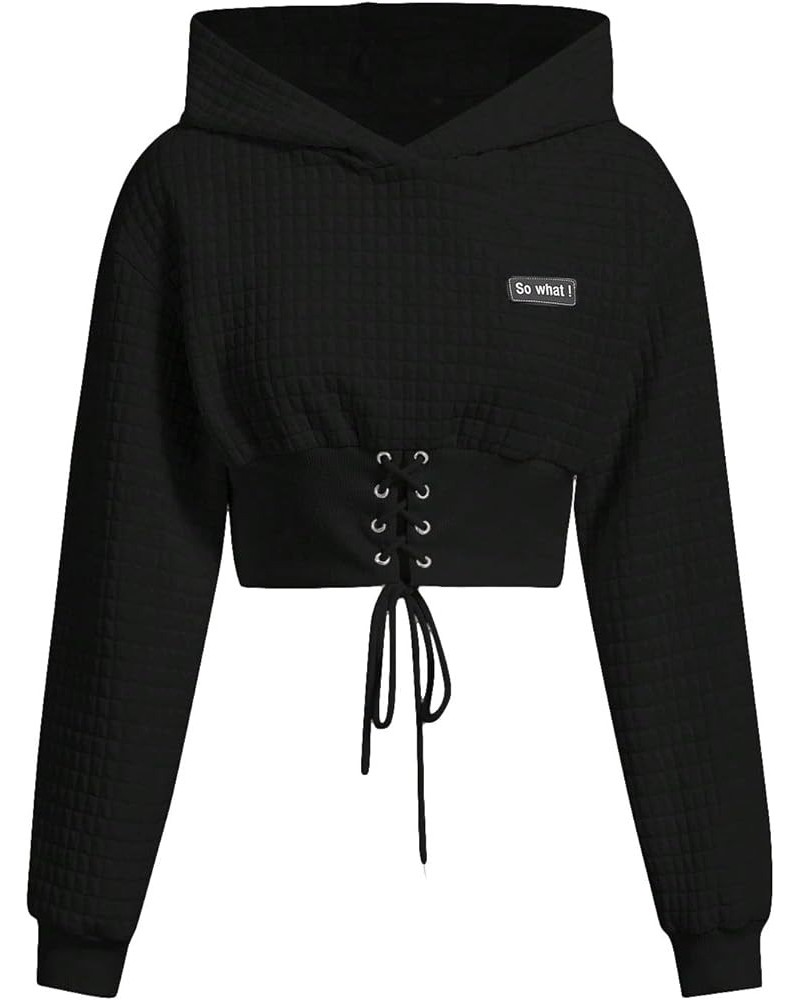 Women's Graphic Letter Crew Neck Hoodie Long Sleeve Lace Up Crop Hooded Sweatshirt Black $10.32 Hoodies & Sweatshirts