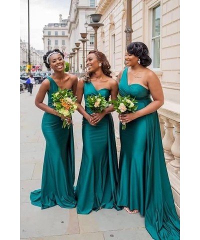 One Shoulder Mermaid Bridesmaid Dresses for Wedding Bodycon Satin Long Formal Evening Gowns with Train Mint $30.59 Dresses