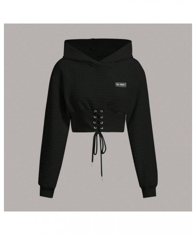 Women's Graphic Letter Crew Neck Hoodie Long Sleeve Lace Up Crop Hooded Sweatshirt Black $10.32 Hoodies & Sweatshirts