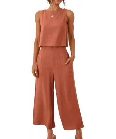 Women's Summer 2 Piece Outfits Sleeveless Tank Crop Button Back Top Capri Wide Leg Pants Linen Set with Pockets Rust $18.06 A...