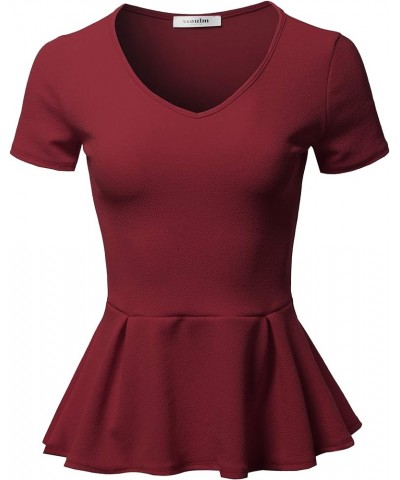 Women's Classic Stretchy Short Sleeve Flare Peplum Blouse Top with Plus Size Stt020_merlot $13.56 Blouses