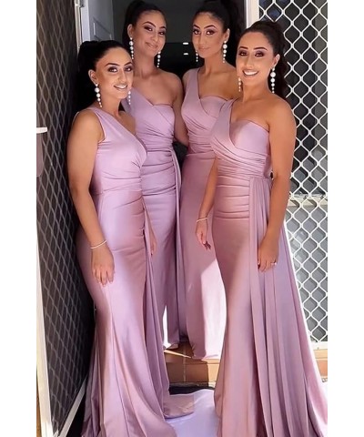 One Shoulder Mermaid Bridesmaid Dresses for Wedding Bodycon Satin Long Formal Evening Gowns with Train Mint $30.59 Dresses