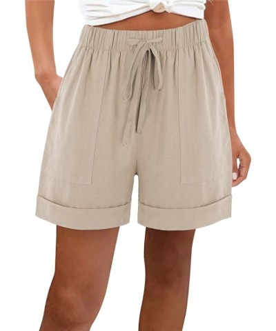 Womens Summer Casual Loose Fit Shorts with Pockets High Waist Drawstring Shorts Wide Leg Comfy Lounge Linen Shorts J02-beige ...