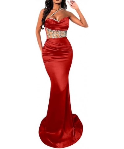 Mermaid Long Prom Dresses Corset One Shoulder Sweetheart Satin Sequin Beaded Formal Gowns and Evening Dresses Red $33.00 Dresses