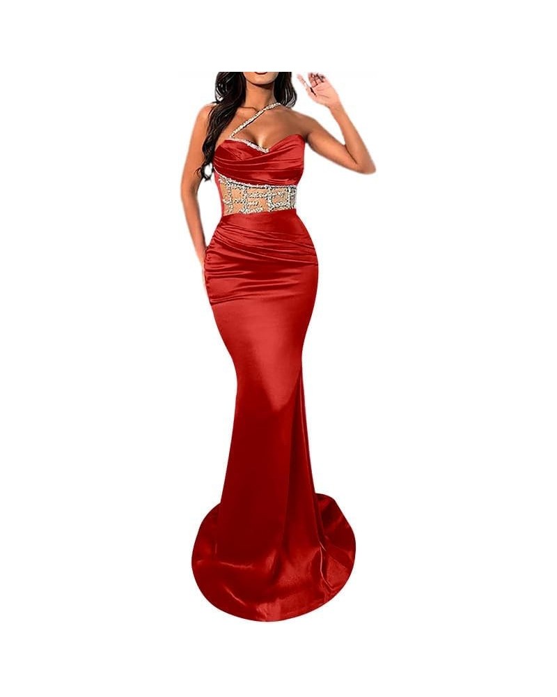 Mermaid Long Prom Dresses Corset One Shoulder Sweetheart Satin Sequin Beaded Formal Gowns and Evening Dresses Red $33.00 Dresses