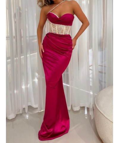 Mermaid Long Prom Dresses Corset One Shoulder Sweetheart Satin Sequin Beaded Formal Gowns and Evening Dresses Red $33.00 Dresses