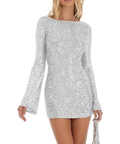 Women's Sequin Sparkly Glitter Dress Sexy Cocktail Party Club Dress Backless Mini Long Sleeve Bodycon Dress Silver $21.60 Dre...