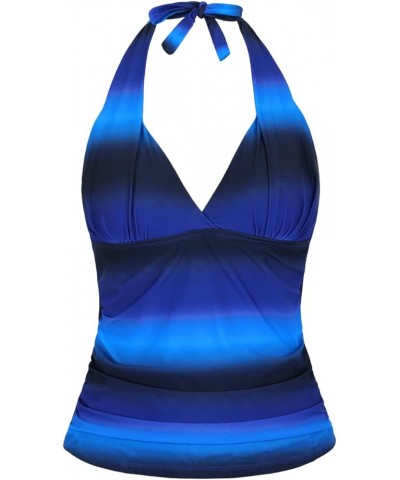 Women's Tankini Bathing Suit Plunging V Neck Halter Swim Tops Shirred Tummy Control Tankini Top New Version Blue&black $8.09 ...