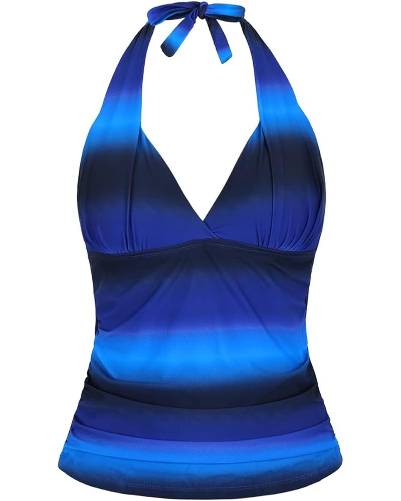 Women's Tankini Bathing Suit Plunging V Neck Halter Swim Tops Shirred Tummy Control Tankini Top New Version Blue&black $8.09 ...