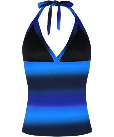 Women's Tankini Bathing Suit Plunging V Neck Halter Swim Tops Shirred Tummy Control Tankini Top New Version Blue&black $8.09 ...