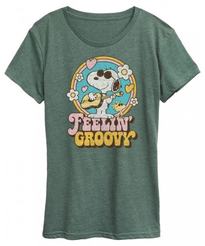 Peanuts - Feelin Groovy Snoopy and Woodstock - Women's Short Sleeve Graphic T-Shirt Heather Juniper $10.25 T-Shirts