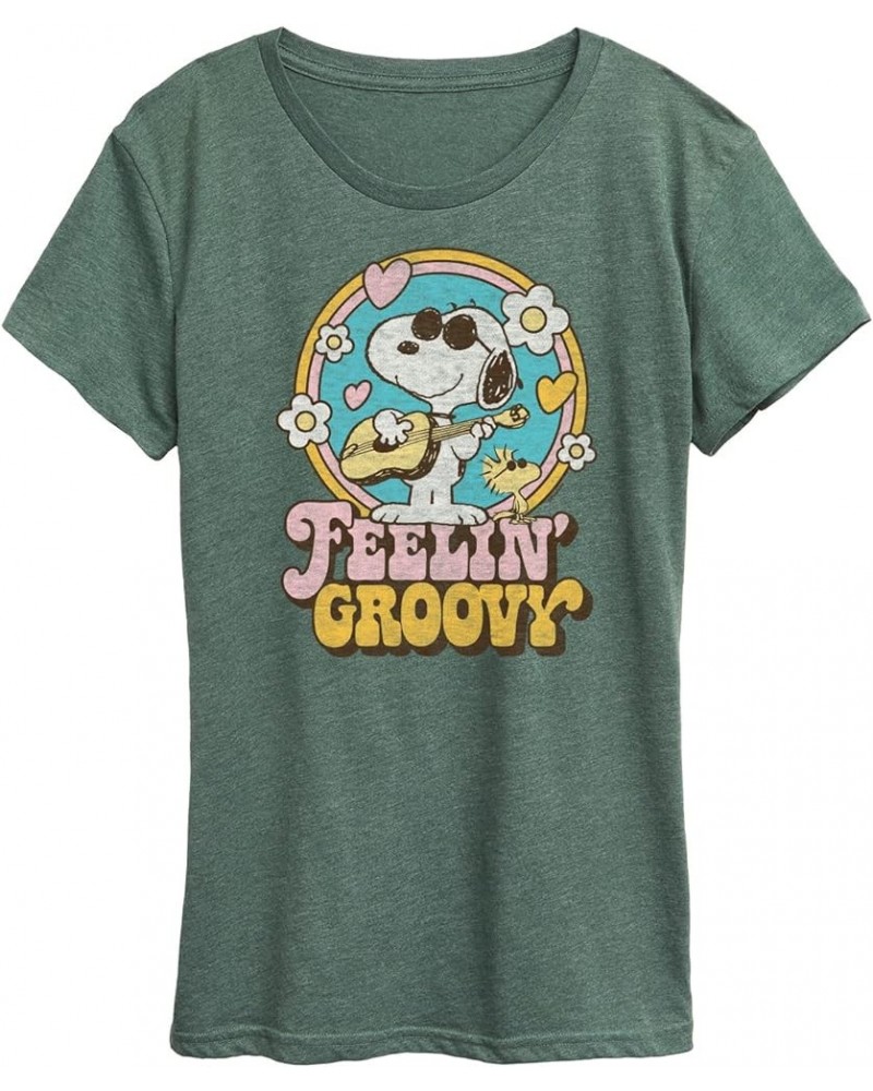 Peanuts - Feelin Groovy Snoopy and Woodstock - Women's Short Sleeve Graphic T-Shirt Heather Juniper $10.25 T-Shirts