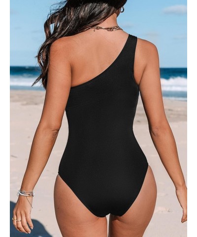 Women's One Piece Swimsuit One Shoulder Tummy Control Slimming Bathing Suit Fixed Straps Black $20.00 Swimsuits