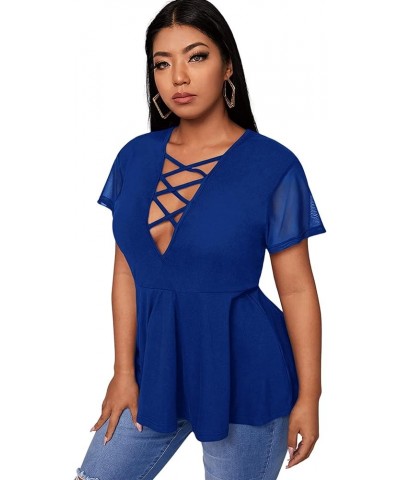 Women's Plus Size Mesh Short Sleeve Criss Cross Front Plunging Neck Peplum Blouse Solid Blue $8.66 Blouses