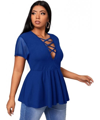 Women's Plus Size Mesh Short Sleeve Criss Cross Front Plunging Neck Peplum Blouse Solid Blue $8.66 Blouses