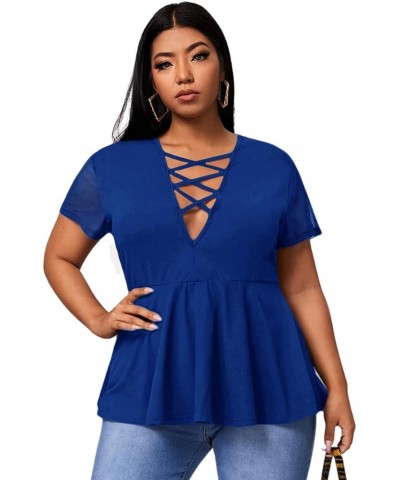 Women's Plus Size Mesh Short Sleeve Criss Cross Front Plunging Neck Peplum Blouse Solid Blue $8.66 Blouses