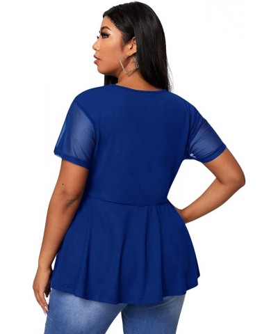 Women's Plus Size Mesh Short Sleeve Criss Cross Front Plunging Neck Peplum Blouse Solid Blue $8.66 Blouses