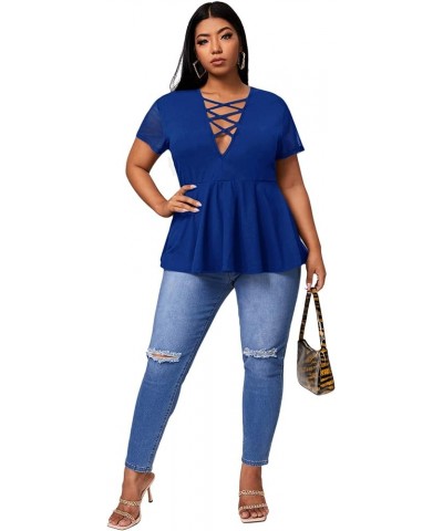 Women's Plus Size Mesh Short Sleeve Criss Cross Front Plunging Neck Peplum Blouse Solid Blue $8.66 Blouses