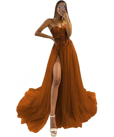 Sparkle Tulle Prom Dresses 2024 Sweetheart 3D Appliques Wedding Dresses Long Formal Evening Ball Gowns with Slit Rust $38.25 ...