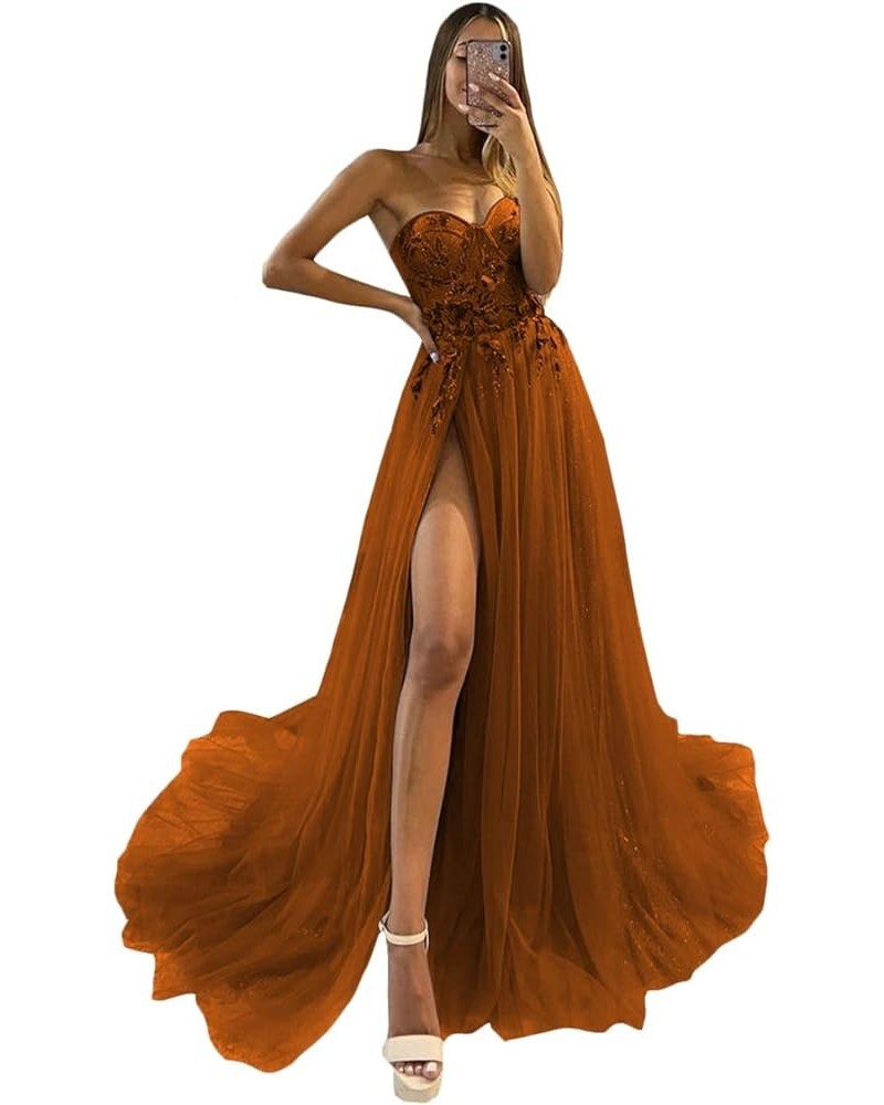 Sparkle Tulle Prom Dresses 2024 Sweetheart 3D Appliques Wedding Dresses Long Formal Evening Ball Gowns with Slit Rust $38.25 ...